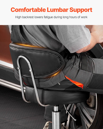 Shop Stool with Backrest, Pneumatic Garage Seat/Work Stool with Wheels, 300 lbs Load, Adjustable Roller Creeper Seat, 360° Swivel Padded Workshop Stool, for Garage, Shop & Auto Repair, Black