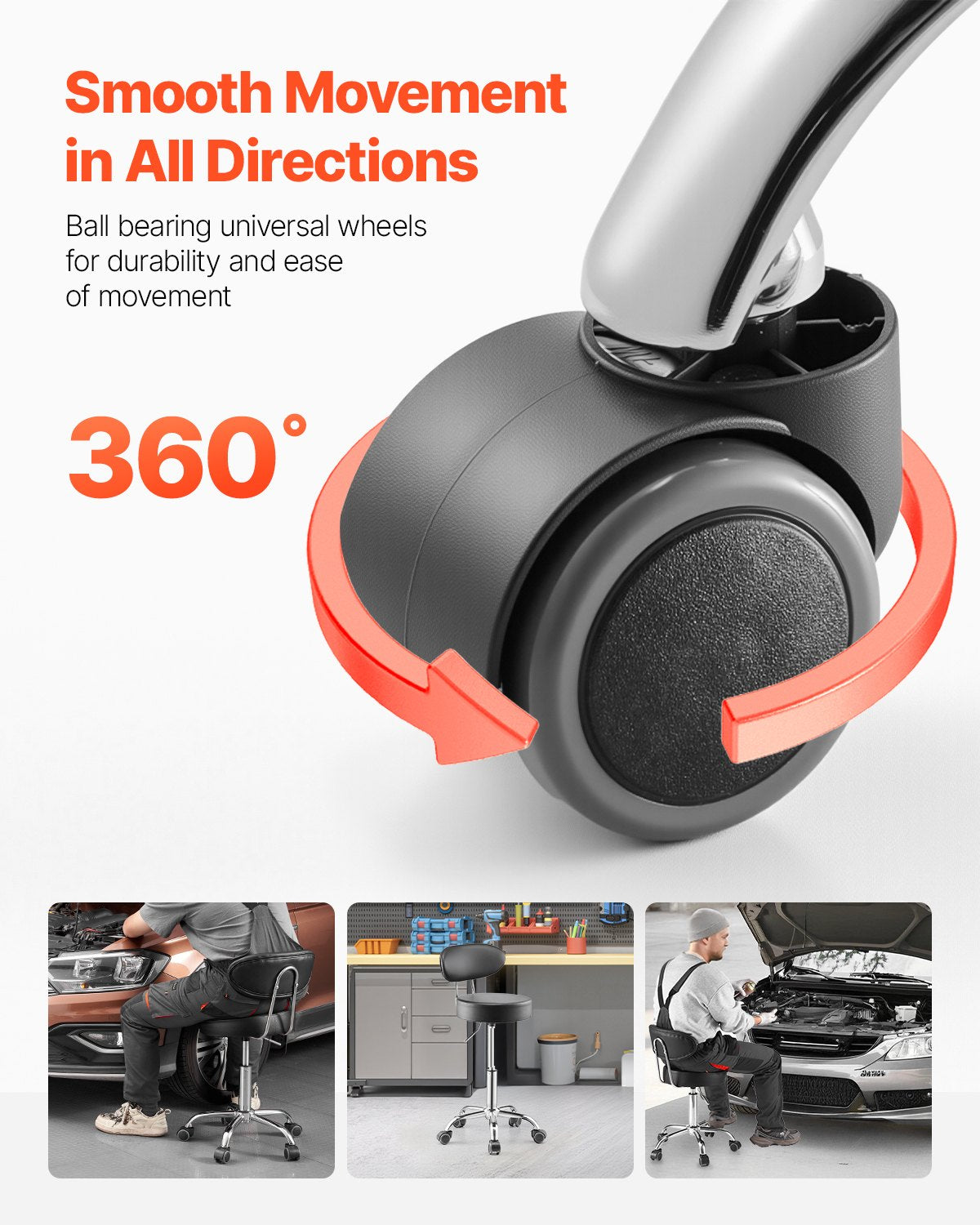 Shop Stool with Backrest, Pneumatic Garage Seat/Work Stool with Wheels, 300 lbs Load, Adjustable Roller Creeper Seat, 360° Swivel Padded Workshop Stool, for Garage, Shop & Auto Repair, Black