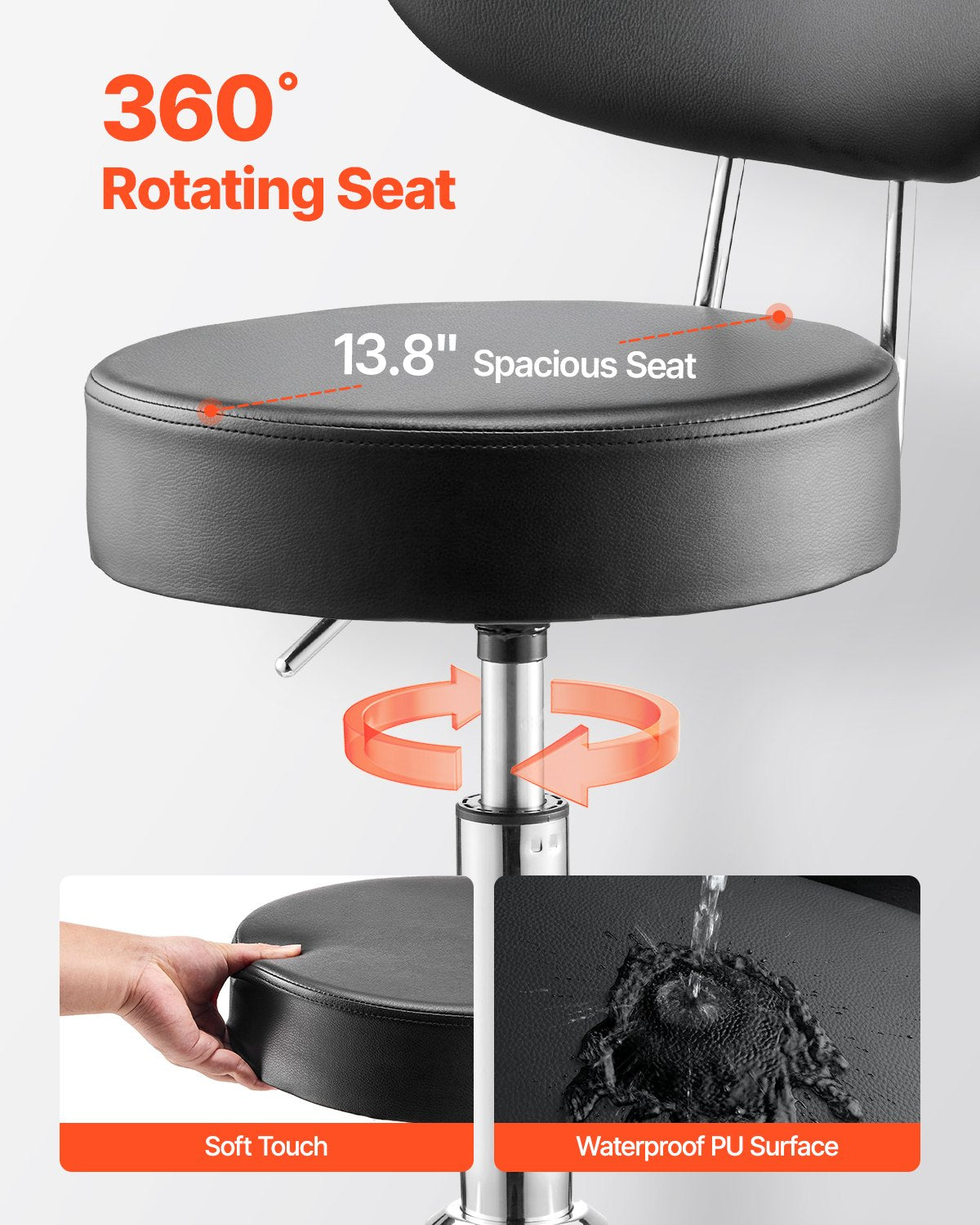 Shop Stool with Backrest, Pneumatic Garage Seat/Work Stool with Wheels, 300 lbs Load, Adjustable Roller Creeper Seat, 360° Swivel Padded Workshop Stool, for Garage, Shop & Auto Repair, Black