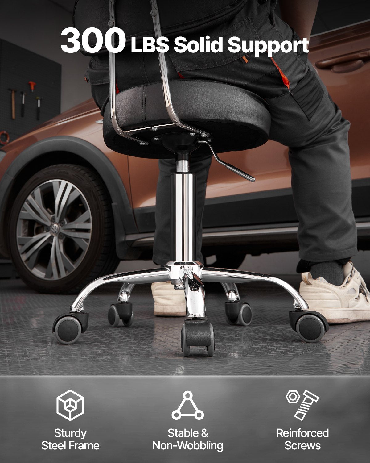 Shop Stool with Backrest, Pneumatic Garage Seat/Work Stool with Wheels, 300 lbs Load, Adjustable Roller Creeper Seat, 360° Swivel Padded Workshop Stool, for Garage, Shop & Auto Repair, Black