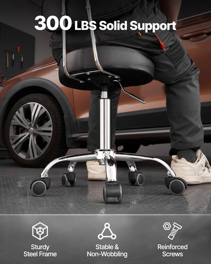 Shop Stool with Backrest, Pneumatic Garage Seat/Work Stool with Wheels, 300 lbs Load, Adjustable Roller Creeper Seat, 360° Swivel Padded Workshop Stool, for Garage, Shop & Auto Repair, Black