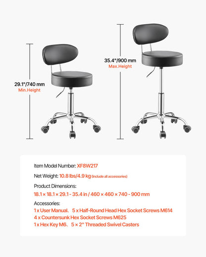 Shop Stool with Backrest, Pneumatic Garage Seat/Work Stool with Wheels, 300 lbs Load, Adjustable Roller Creeper Seat, 360° Swivel Padded Workshop Stool, for Garage, Shop & Auto Repair, Black