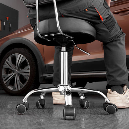 Shop Stool with Backrest, Pneumatic Garage Seat/Work Stool with Wheels, 300 lbs Load, Adjustable Roller Creeper Seat, 360° Swivel Padded Workshop Stool, for Garage, Shop & Auto Repair, Black