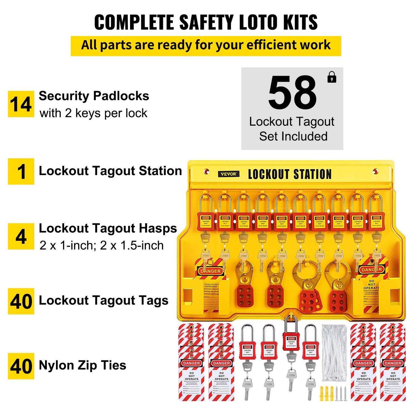 58 PCS Lockout Tagout Kits, Electrical Safety Loto Kit Includes Padlocks, Lockout Station, Hasp, Tags & Zip Ties, Lockout Tagout Safety Tools for Industrial, Electric Power, Machinery
