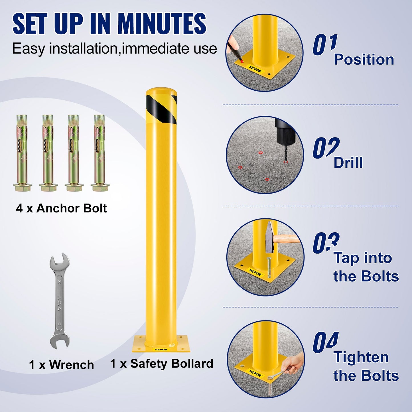 Safety Bollard Safety Barrier Bollard 4-1/2" OD 36" Height Yellow Powder Coat Pipe Steel Safety Barrier with 4 Free Anchor Bolts for Traffic-Sensitive Area