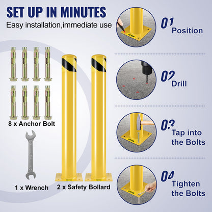 Safety Bollard, 36 Inch Height Bollard Post, 4.5 Inch Diameter Steel Pipe Safety Bollard Post, Yellow Steel Bollard, Steel Safety Bollard with 8 Anchor Bolts, Perfect for Traffic-Sensitive Area