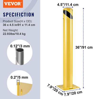 Safety Bollard, 36 Inch Height Bollard Post, 4.5 Inch Diameter Steel Pipe Safety Bollard Post, Yellow Steel Bollard, Steel Safety Bollard with 8 Anchor Bolts, Perfect for Traffic-Sensitive Area