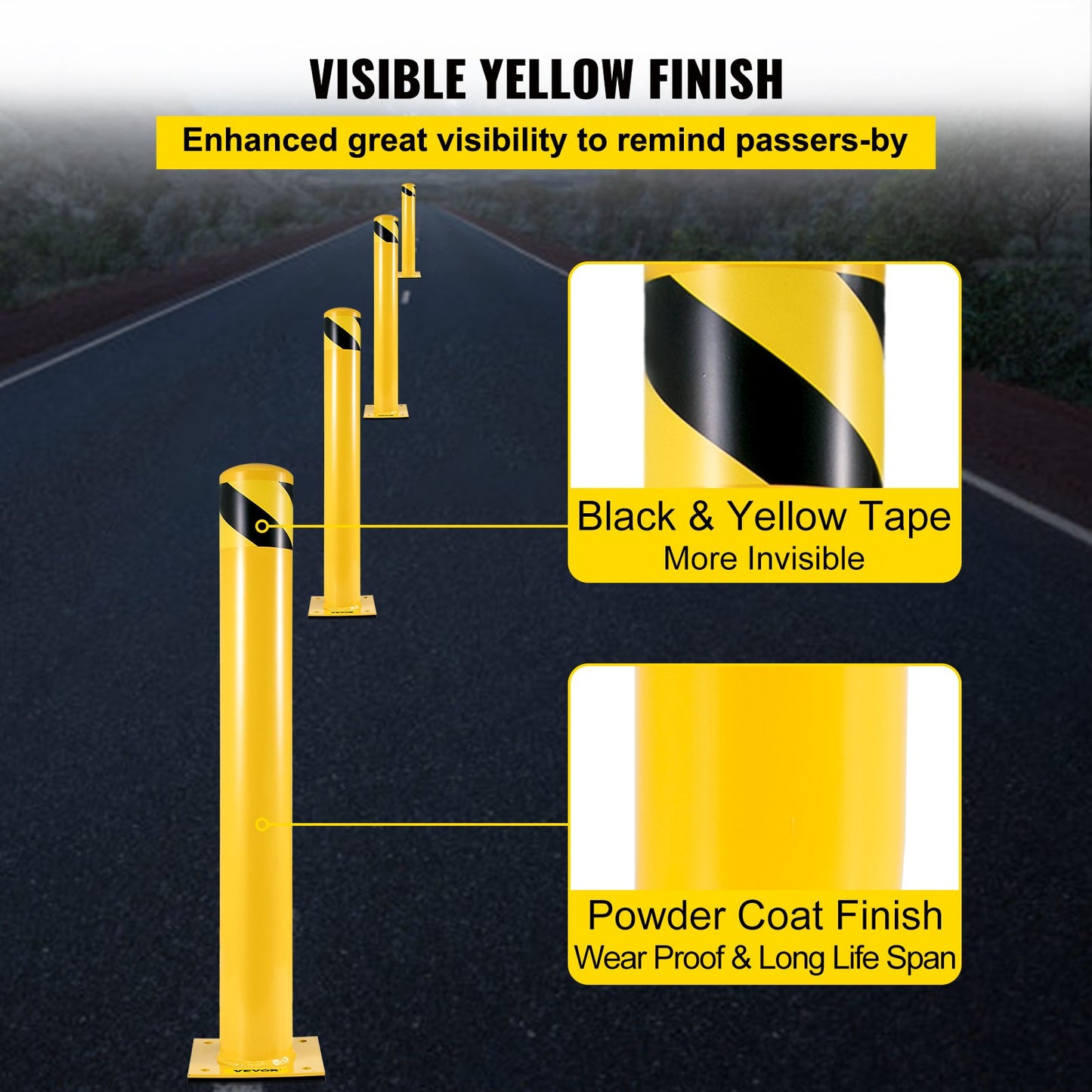 Safety Bollard, 36 Inch Height Bollard Post, 5.5 Inch Diameter Steel Pipe Safety Bollard Post, Yellow Steel Bollard, Steel Safety Bollard with 8 Anchor Bolts, Perfect for Traffic-Sensitive Area