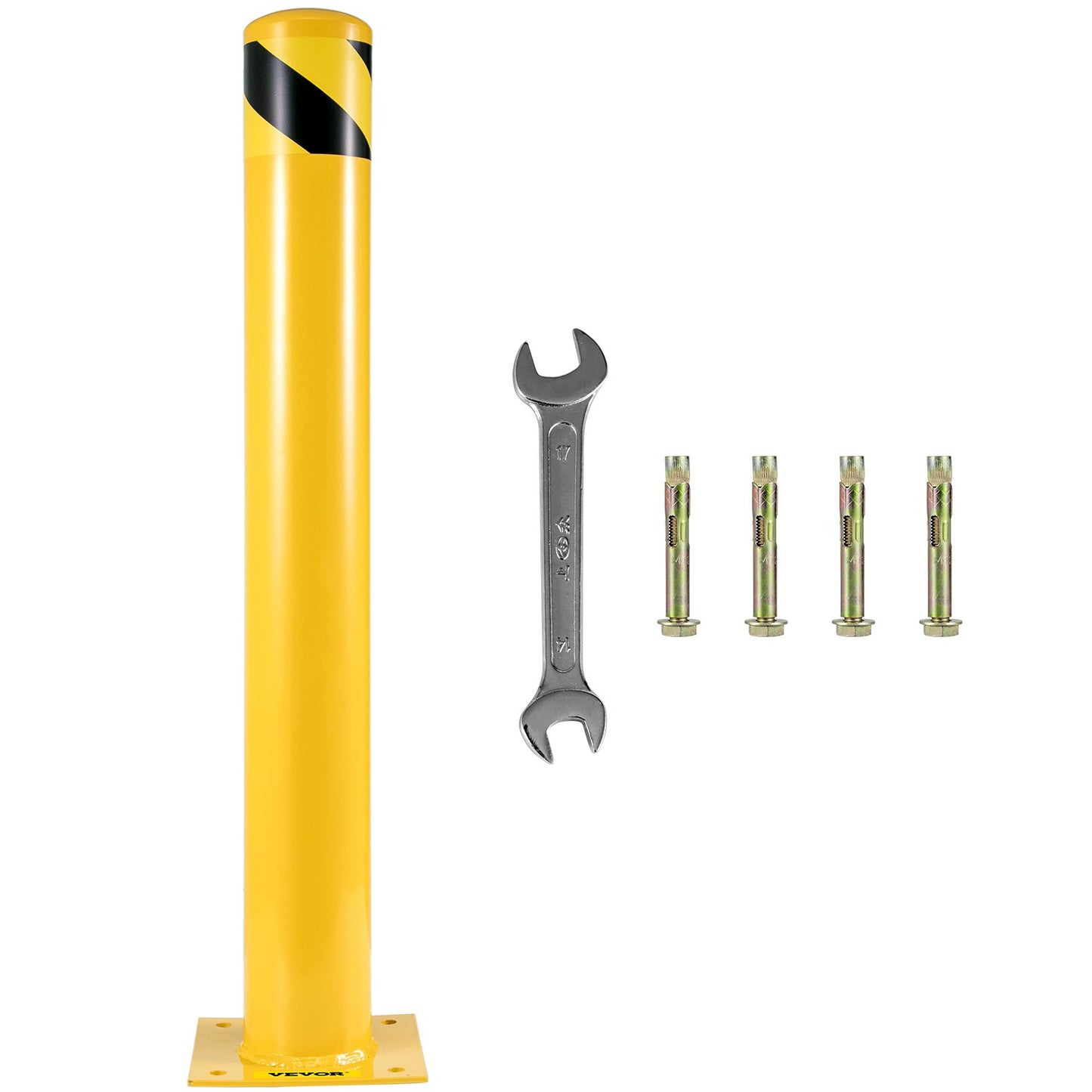 Safety Bollard, 42 Inch Height Bollard Post, 5.5 Inch Diameter Steel Pipe Safety Bollard Post, Yellow Steel Bollard, Steel Safety Bollard with 8 Anchor Bolts, Perfect for Traffic-Sensitive Area