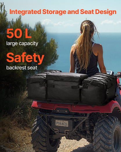ATV Rear Storage Bag, 50L ATV Rear Cargo Bag with Sponge Seat Cushion & Bottle Holder, 600D Oxford Cloth Rear Seat Gear Bag Fit Most ATVs with Rear Rack, Compatible with ATV, UTV, Can-Am Vehicle
