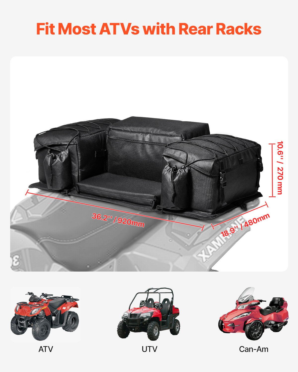 ATV Rear Storage Bag, 50L ATV Rear Cargo Bag with Sponge Seat Cushion & Bottle Holder, 600D Oxford Cloth Rear Seat Gear Bag Fit Most ATVs with Rear Rack, Compatible with ATV, UTV, Can-Am Vehicle