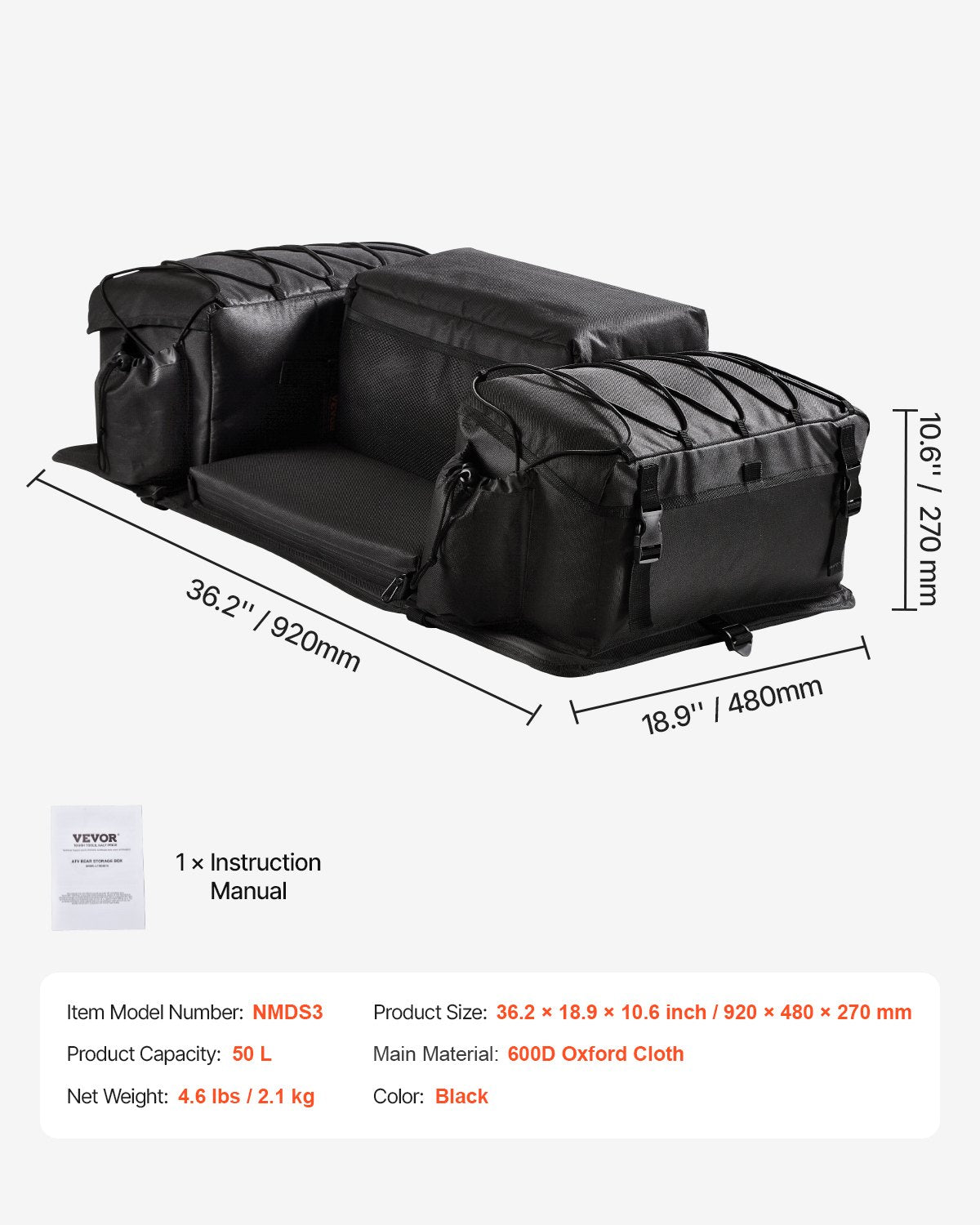 ATV Rear Storage Bag, 50L ATV Rear Cargo Bag with Sponge Seat Cushion & Bottle Holder, 600D Oxford Cloth Rear Seat Gear Bag Fit Most ATVs with Rear Rack, Compatible with ATV, UTV, Can-Am Vehicle