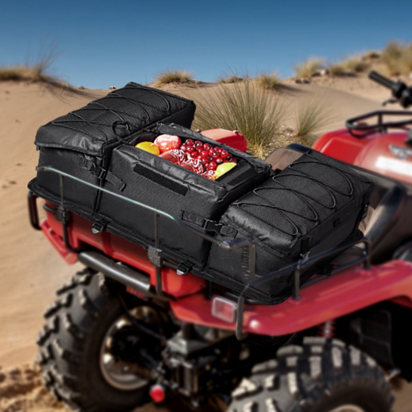 ATV Rear Storage Bag, 50L ATV Rear Cargo Bag with Sponge Seat Cushion & Bottle Holder, 600D Oxford Cloth Rear Seat Gear Bag Fit Most ATVs with Rear Rack, Compatible with ATV, UTV, Can-Am Vehicle
