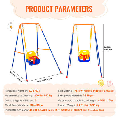 Swing Sets for Backyard, 3-in-1 Toddler Swing Set with 4 Sandbags, Foldable Metal Stand, Easy to Assemble, Swingset Indoor/Outdoor for Kids 3-6 Years, Youth 6-10 Years and Teenagers 10+