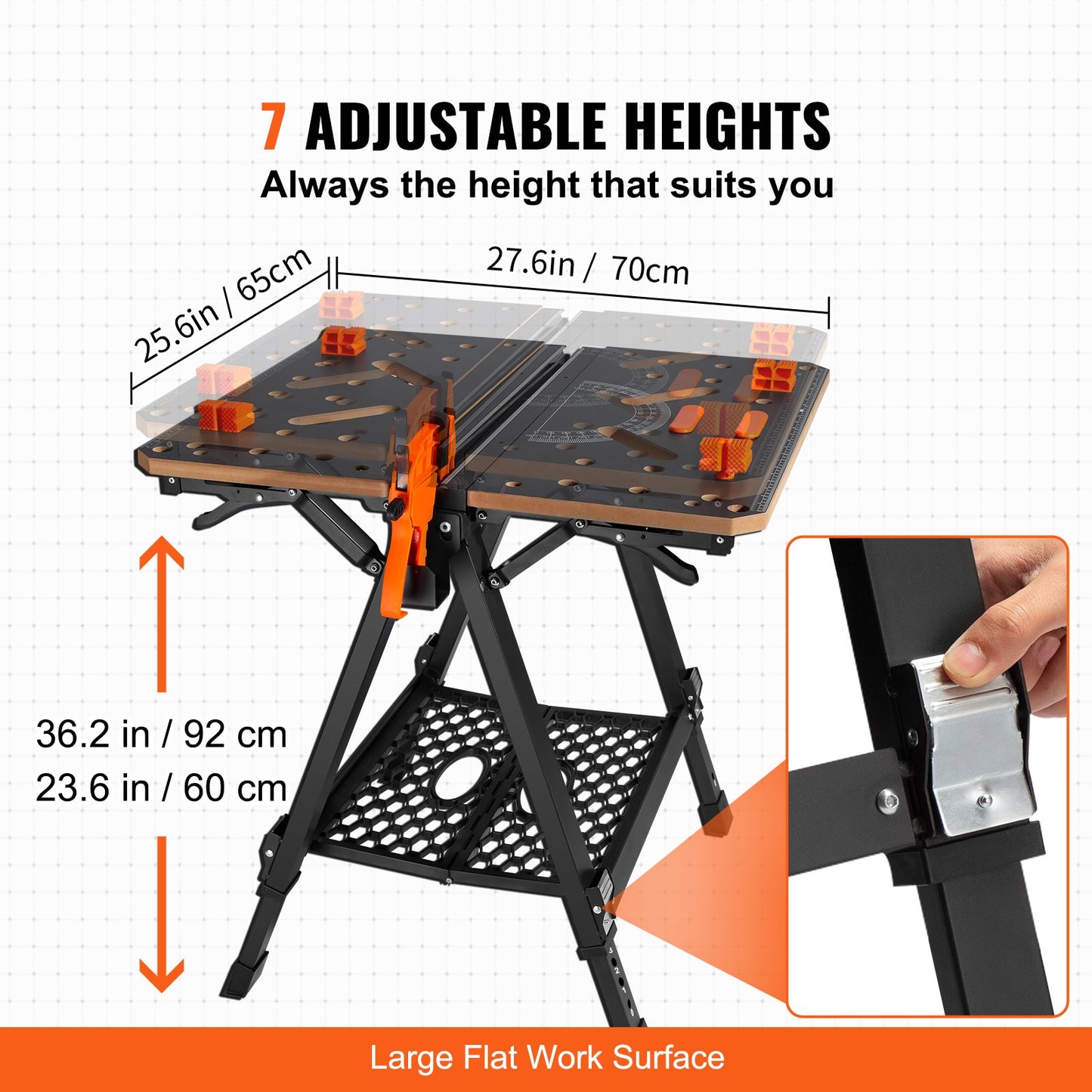 Folding Work Table, 2-in-1 as Sawhorse & Workbench, 1000 lbs Capacity, 7 Adjustable Heights, Steel Legs, Portable Foldable Tool Stand with Wood Clamp, 4 Bench Dogs, 2 Hooks, Easy Garage Storage