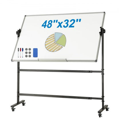 Rollbares Whiteboard, 122 x 81 cm, doppelseitig, magnetisch, 360° drehbar, höhenverstellbar, mit Rollen und verschiebbarer Ablage für Büro und Schule