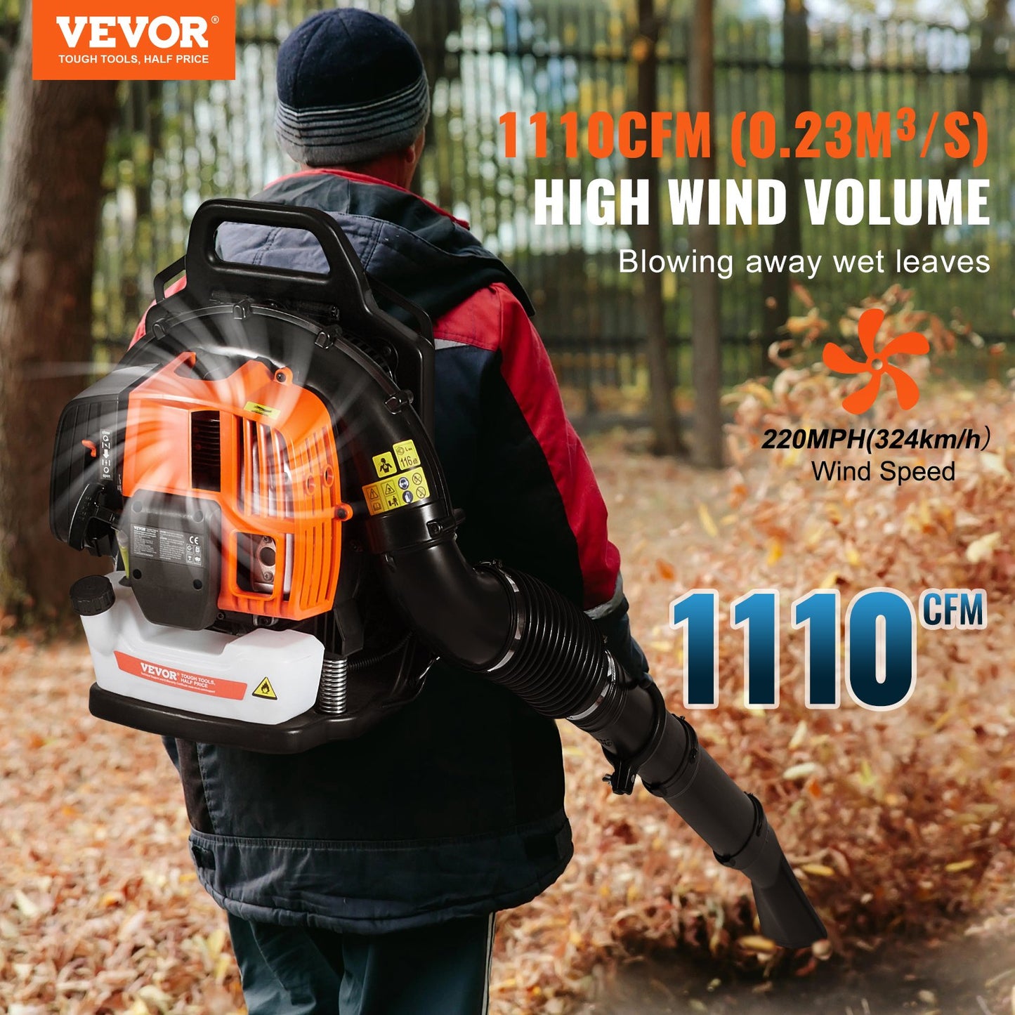 Backpack Leaf Blower, 63CC 2-Cycle Gas Leaf Blower with 1.89L Fuel Tank, 1110CFM Air Volume 220MPH Speed, Ideal for Lawn Care, Leaf Cleaning, and Snow Removal