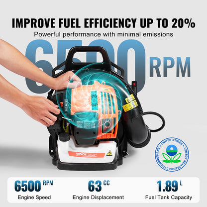 Backpack Leaf Blower, 63CC 2-Cycle Gas Leaf Blower with 1.89L Fuel Tank, 1110CFM Air Volume 220MPH Speed, Ideal for Lawn Care, Leaf Cleaning, and Snow Removal