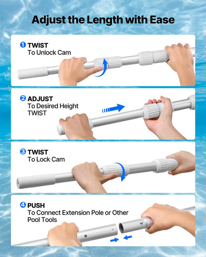 Pool Pole, 1 to 3.65 mm Telescoping Swimming Pool Cleaning Poles, Professional Adjustable Telescopic Pole with Extension Pole, Heavy Duty Cleaner Stick for Skimmer Net, Rake, Brush, Vacuum Head
