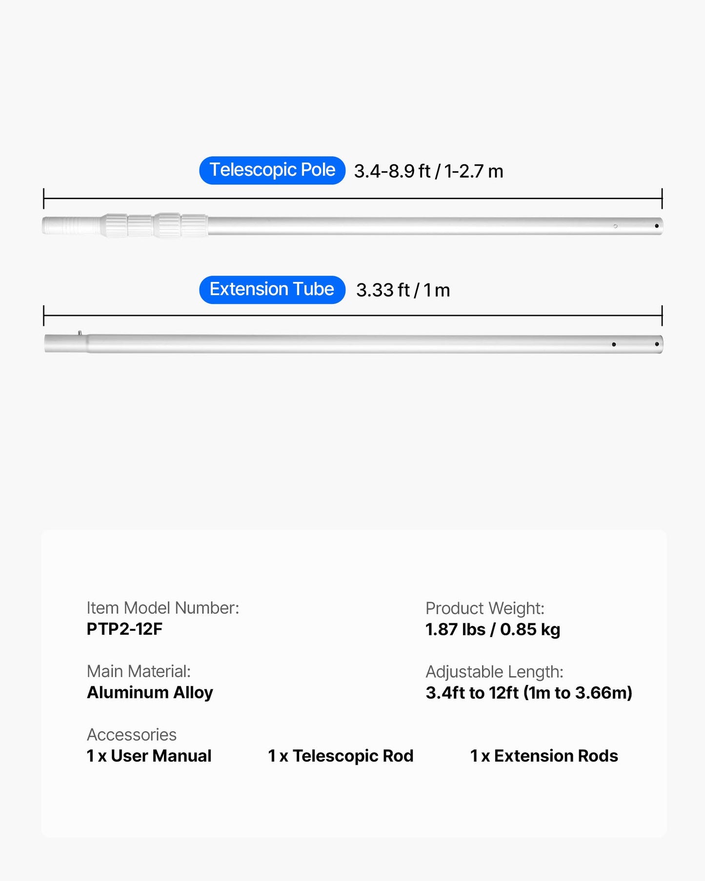 Pool Pole, 1 to 3.65 mm Telescoping Swimming Pool Cleaning Poles, Professional Adjustable Telescopic Pole with Extension Pole, Heavy Duty Cleaner Stick for Skimmer Net, Rake, Brush, Vacuum Head