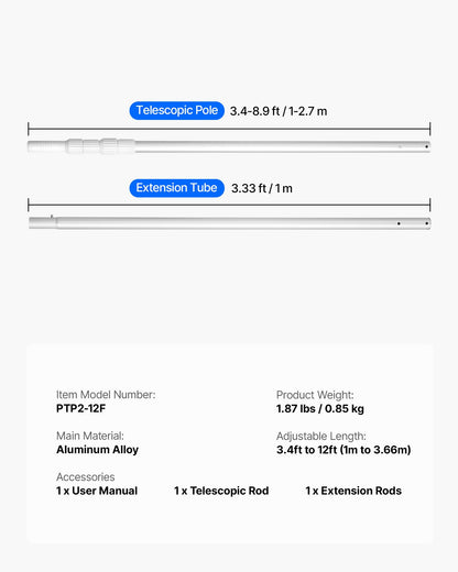 Pool Pole, 1 to 3.65 mm Telescoping Swimming Pool Cleaning Poles, Professional Adjustable Telescopic Pole with Extension Pole, Heavy Duty Cleaner Stick for Skimmer Net, Rake, Brush, Vacuum Head