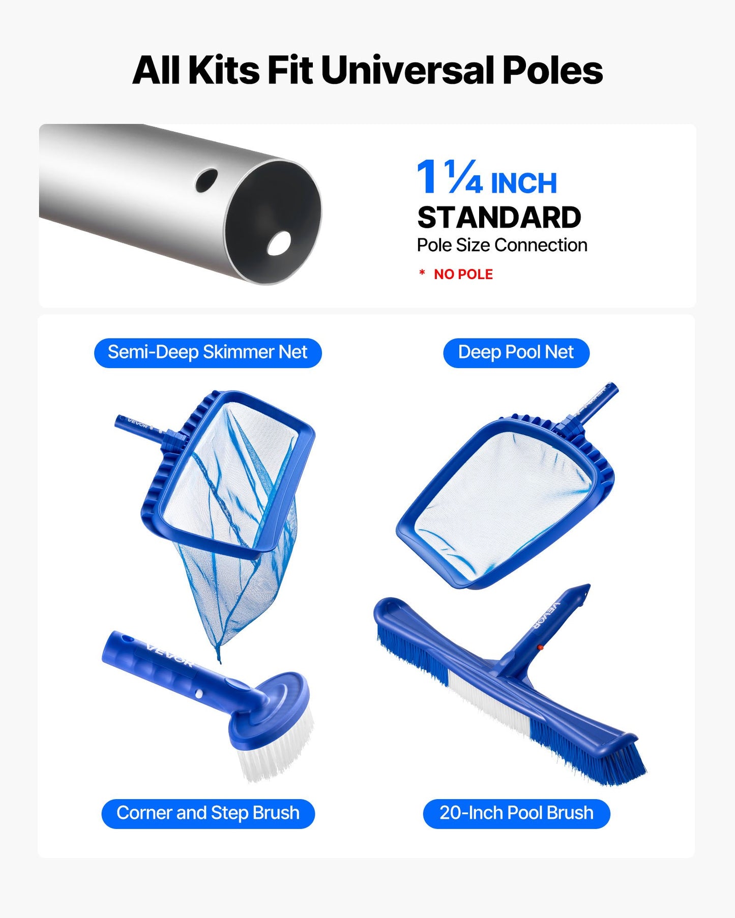 Swimming Pool Cleaning Kit, Includes 2 Detachable Brush Heads (508 mm / 139.7 mm) and 2 Pool Skimmer Nets, 4-in-1 Inground/Above Ground Pools Cleaning Tools Set for Leaf, Fine Mesh, No Poles