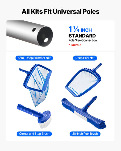 Swimming Pool Cleaning Kit, Includes 2 Detachable Brush Heads (508 mm / 139.7 mm) and 2 Pool Skimmer Nets, 4-in-1 Inground/Above Ground Pools Cleaning Tools Set for Leaf, Fine Mesh, No Poles