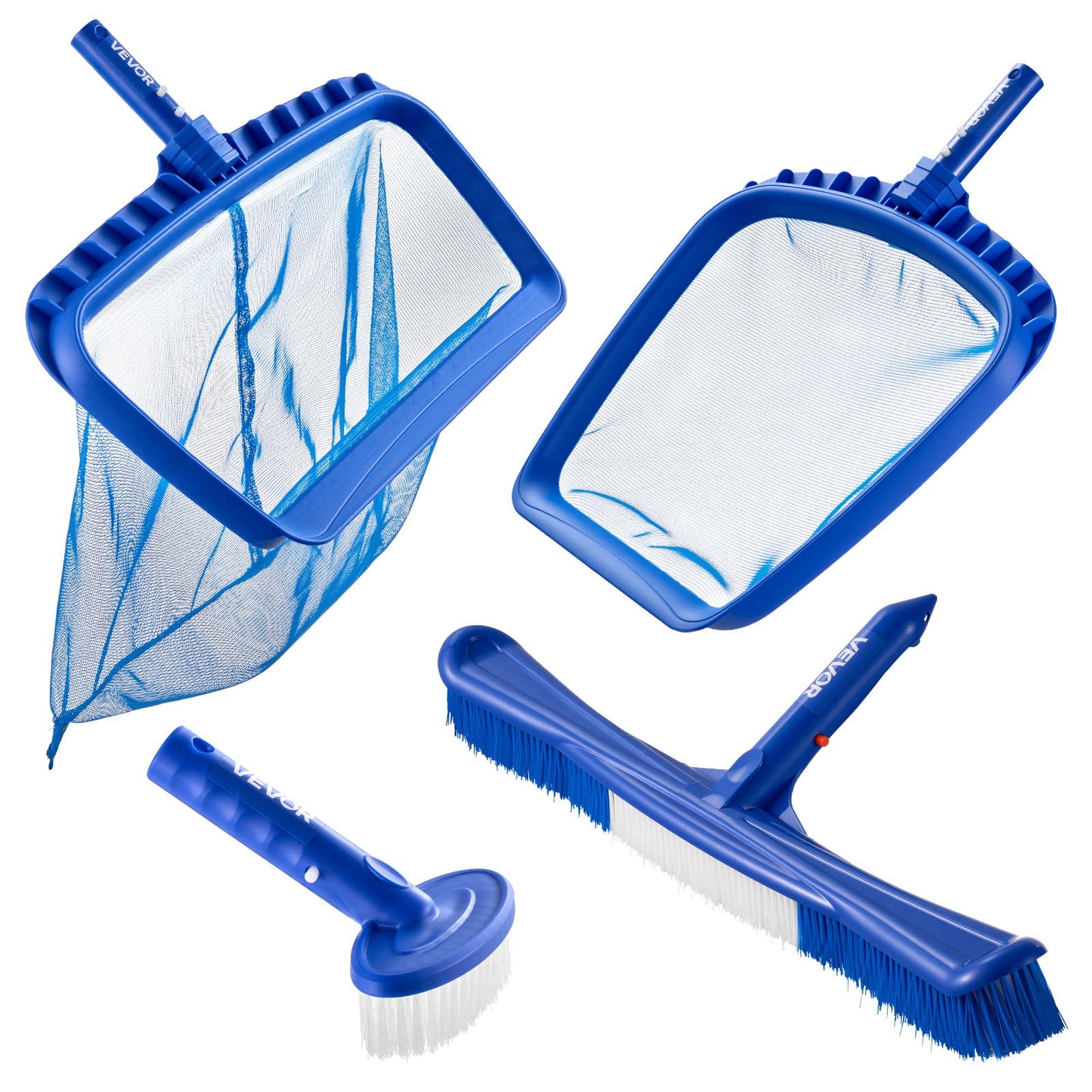 Swimming Pool Cleaning Kit, Includes 2 Detachable Brush Heads (508 mm / 139.7 mm) and 2 Pool Skimmer Nets, 4-in-1 Inground/Above Ground Pools Cleaning Tools Set for Leaf, Fine Mesh, No Poles