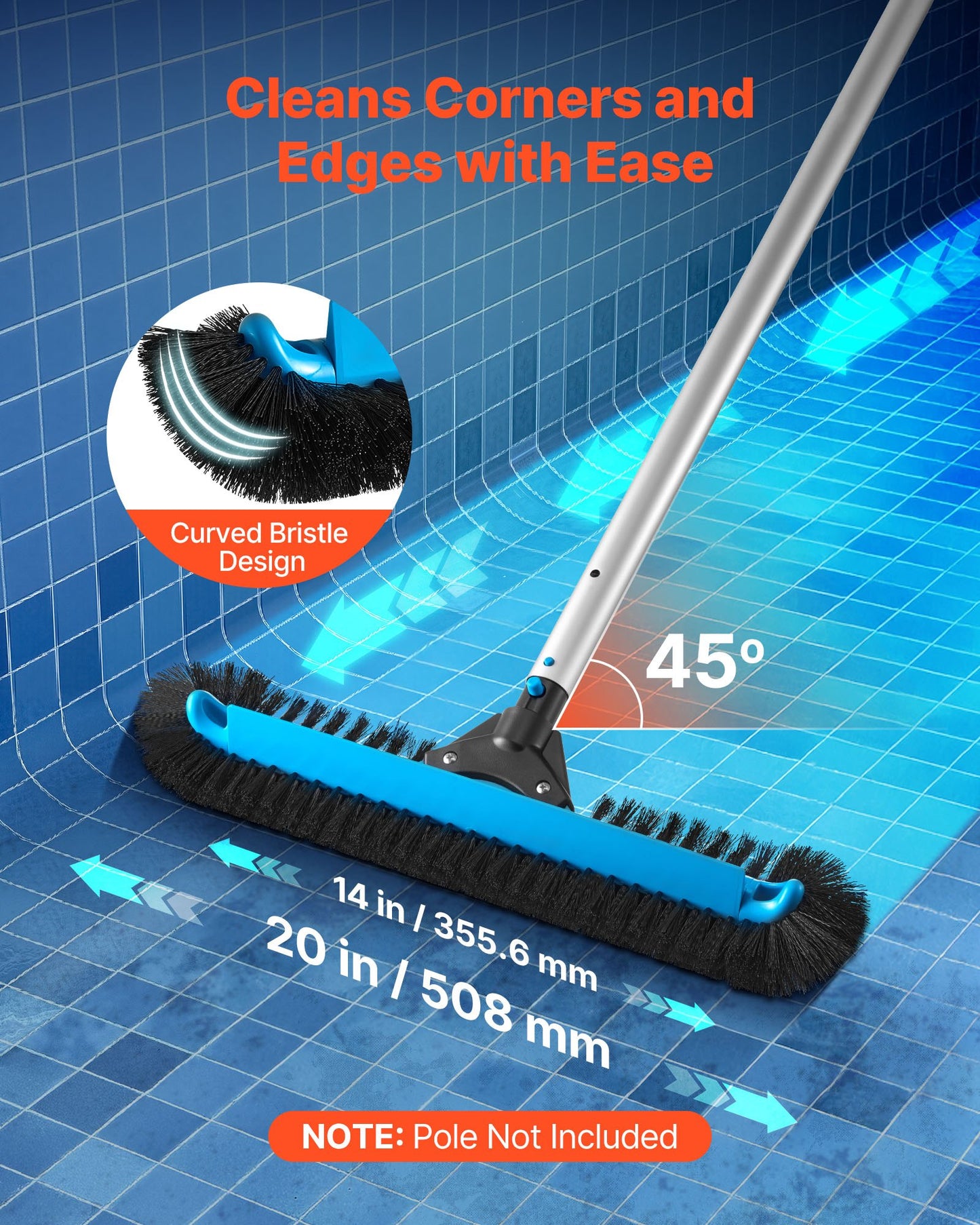 Pool Brush Head, 508 mm Scrub Brushes with Nylon Bristles and Aluminum Pole Connector, Heavy Duty Curved Brush Head for Cleaning Inground/Above Ground Swimming Pool Walls, Pole Not Included
