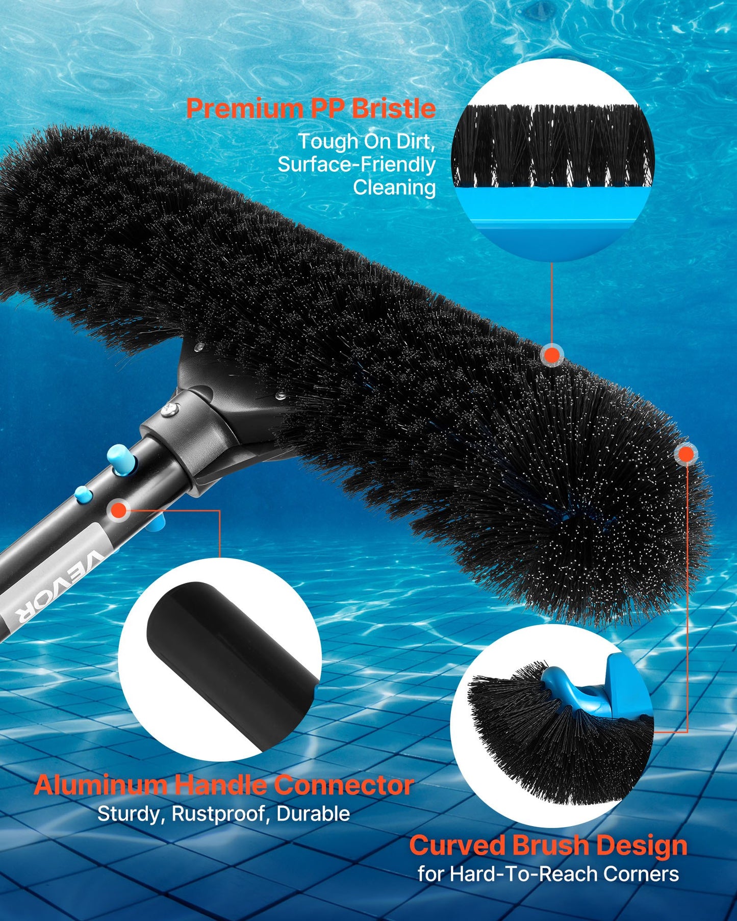 Pool Brush Head, 508 mm Scrub Brushes with Nylon Bristles and Aluminum Pole Connector, Heavy Duty Curved Brush Head for Cleaning Inground/Above Ground Swimming Pool Walls, Pole Not Included