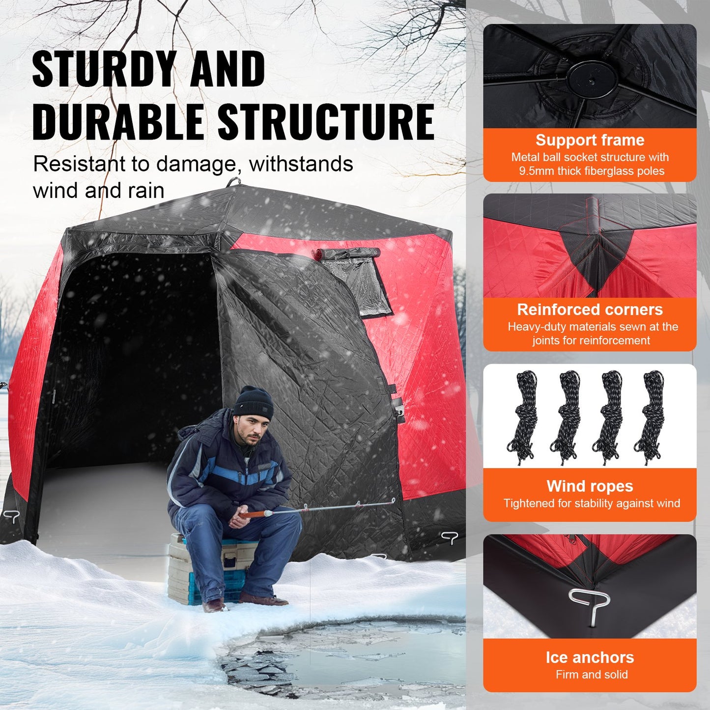 Portable Ice Shelter, 4-6 Person Insulated Pop-Up Ice Fishing Tent, 50 Square Feet Fishable Area, Thermal Ice Shanty for Winter Fishing, Ice Cube with Anchors, Ropes, Carrying Bag, 130"x130"