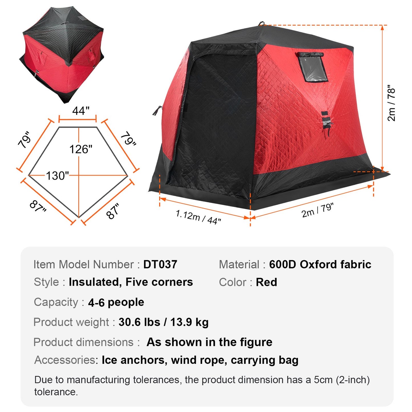 Portable Ice Shelter, 4-6 Person Insulated Pop-Up Ice Fishing Tent, 50 Square Feet Fishable Area, Thermal Ice Shanty for Winter Fishing, Ice Cube with Anchors, Ropes, Carrying Bag, 130"x130"