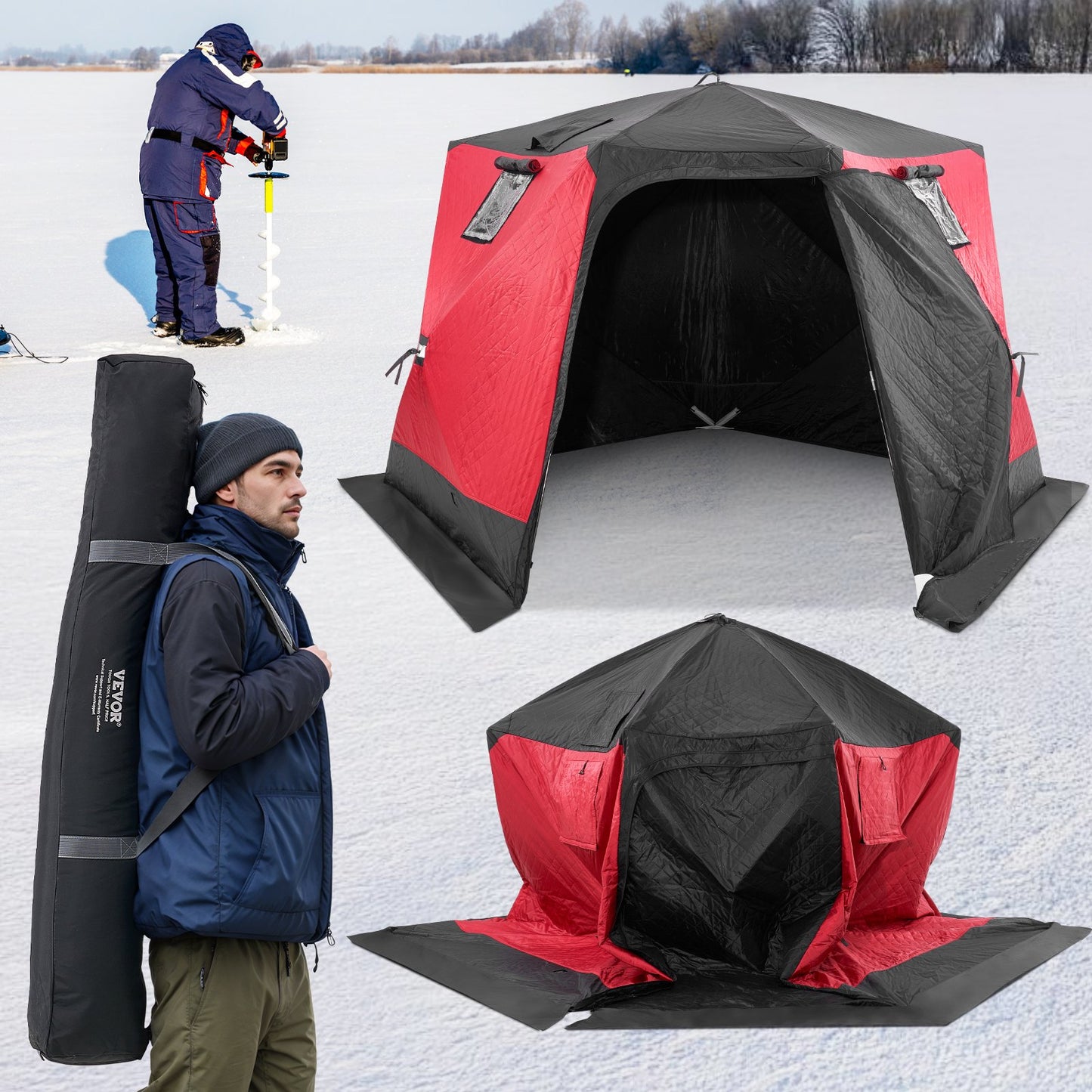 Portable Ice Shelter, 4-6 Person Insulated Pop-Up Ice Fishing Tent, 50 Square Feet Fishable Area, Thermal Ice Shanty for Winter Fishing, Ice Cube with Anchors, Ropes, Carrying Bag, 130"x130"