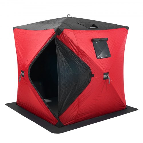 Portable Ice Shelter, 3-4 Person Insulated Pop-Up Ice Fishing Tent, 35 Square Feet Fishable Area, Thermal Ice Shanty for Winter Fishing, Ice Cube with Anchors, Ropes, Carrying Bag, 71"x71", Red