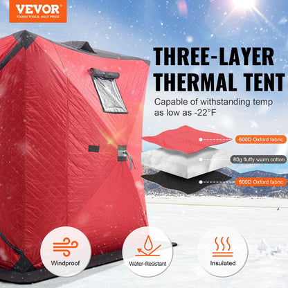 Portable Ice Shelter, 3-4 Person Insulated Pop-Up Ice Fishing Tent, 35 Square Feet Fishable Area, Thermal Ice Shanty for Winter Fishing, Ice Cube with Anchors, Ropes, Carrying Bag, 71"x71", Red