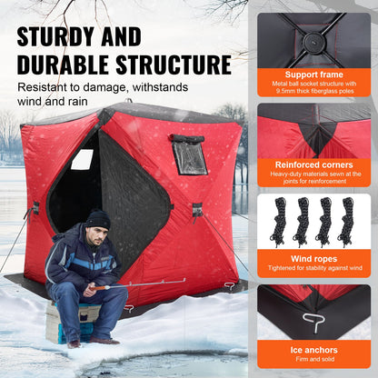 Portable Ice Shelter, 3-4 Person Insulated Pop-Up Ice Fishing Tent, 35 Square Feet Fishable Area, Thermal Ice Shanty for Winter Fishing, Ice Cube with Anchors, Ropes, Carrying Bag, 71"x71", Red