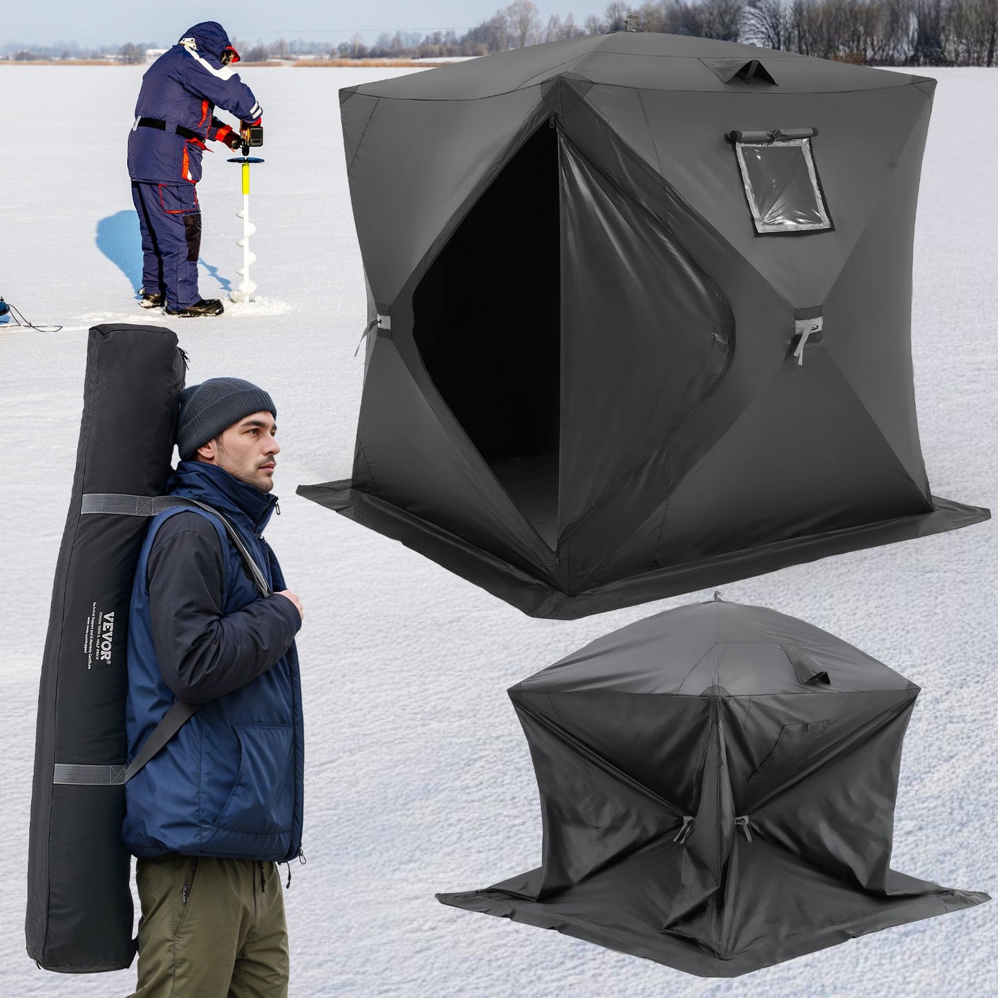 Portable Ice Shelter, 3-4 Person Pop-Up Ice Fishing Tent, 43 Square Feet Fishable Area, Ice Shanty for Winter Fishing, Waterproof Oxford Ice Cube with Anchors/Ropes/Carrying Bag, 90"x90", Black