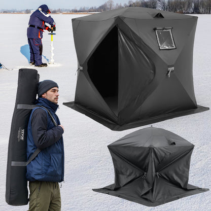 Portable Ice Shelter, 3-4 Person Pop-Up Ice Fishing Tent, 43 Square Feet Fishable Area, Ice Shanty for Winter Fishing, Waterproof Oxford Ice Cube with Anchors/Ropes/Carrying Bag, 90"x90", Black