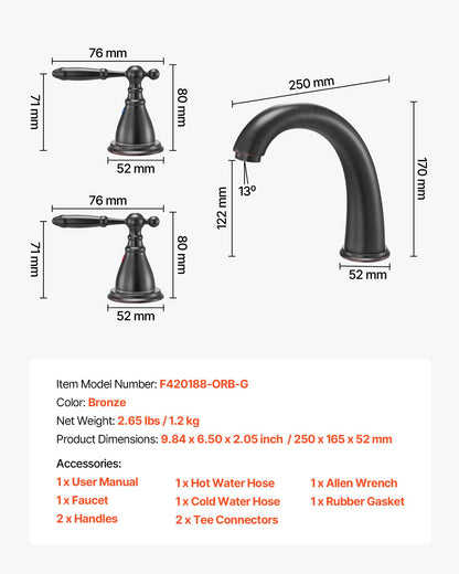 Roman Tub Faucet, Gooseneck Bath Tubs Faucets Set with 2 Handles, Roman Tub Faucets Deck Mount for Baby Care, Adult Bathing, 3 Hole Waterfall Bathtub Faucet, Bronze, High Arc Spout Design