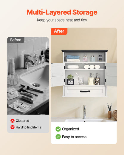 Bathroom Wall Cabinet, 2 Doors & Adjustable Shelf, Over the Toilet Storage Medicine Cabinet Wall Mounted, Hanging Organizer with Drawer & Open Partition for Laundry Room Kitchen Restroom, White