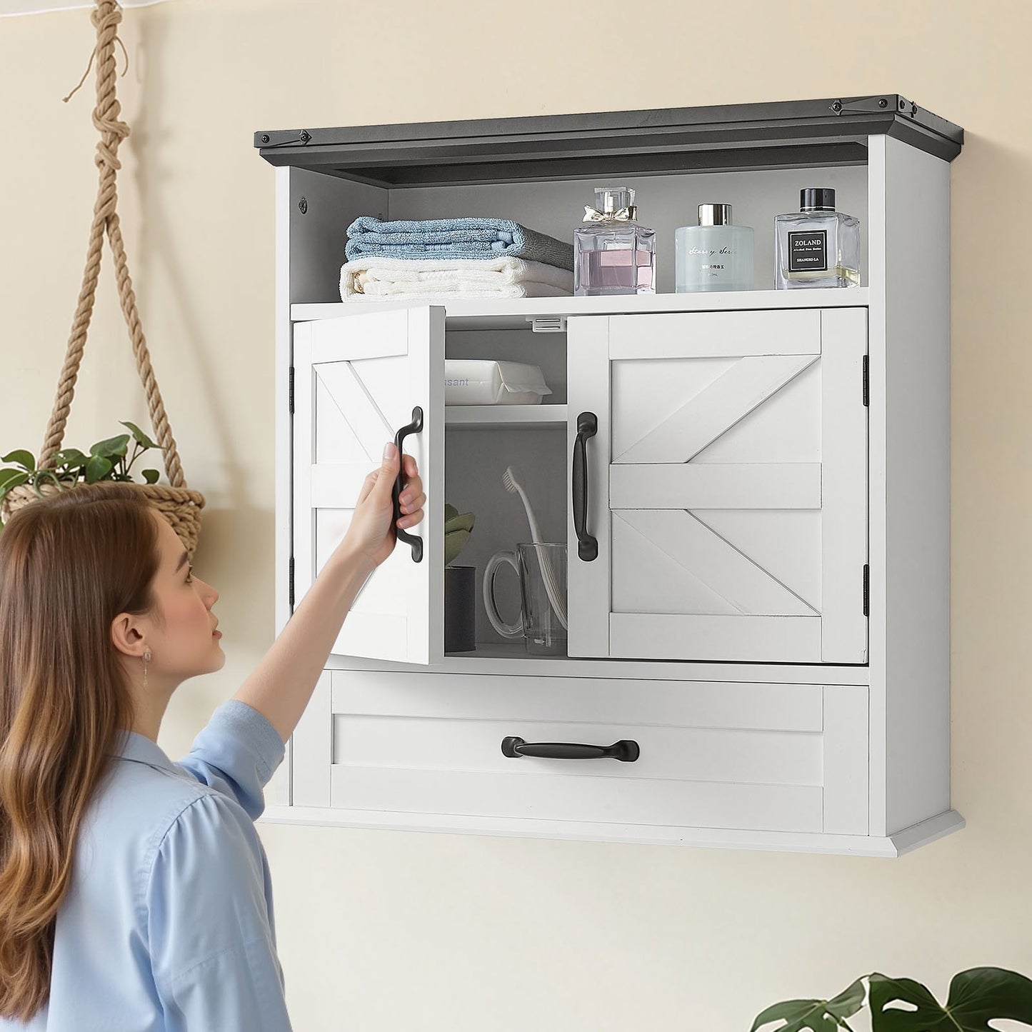 Bathroom Wall Cabinet, 2 Doors & Adjustable Shelf, Over the Toilet Storage Medicine Cabinet Wall Mounted, Hanging Organizer with Drawer & Open Partition for Laundry Room Kitchen Restroom, White