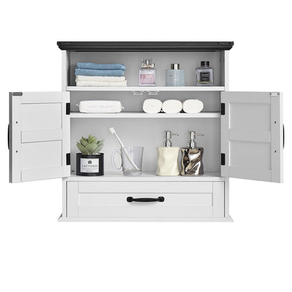 Bathroom Wall Cabinet, 2 Doors & Adjustable Shelf, Over the Toilet Storage Medicine Cabinet Wall Mounted, Hanging Organizer with Drawer & Open Partition for Laundry Room Kitchen Restroom, White