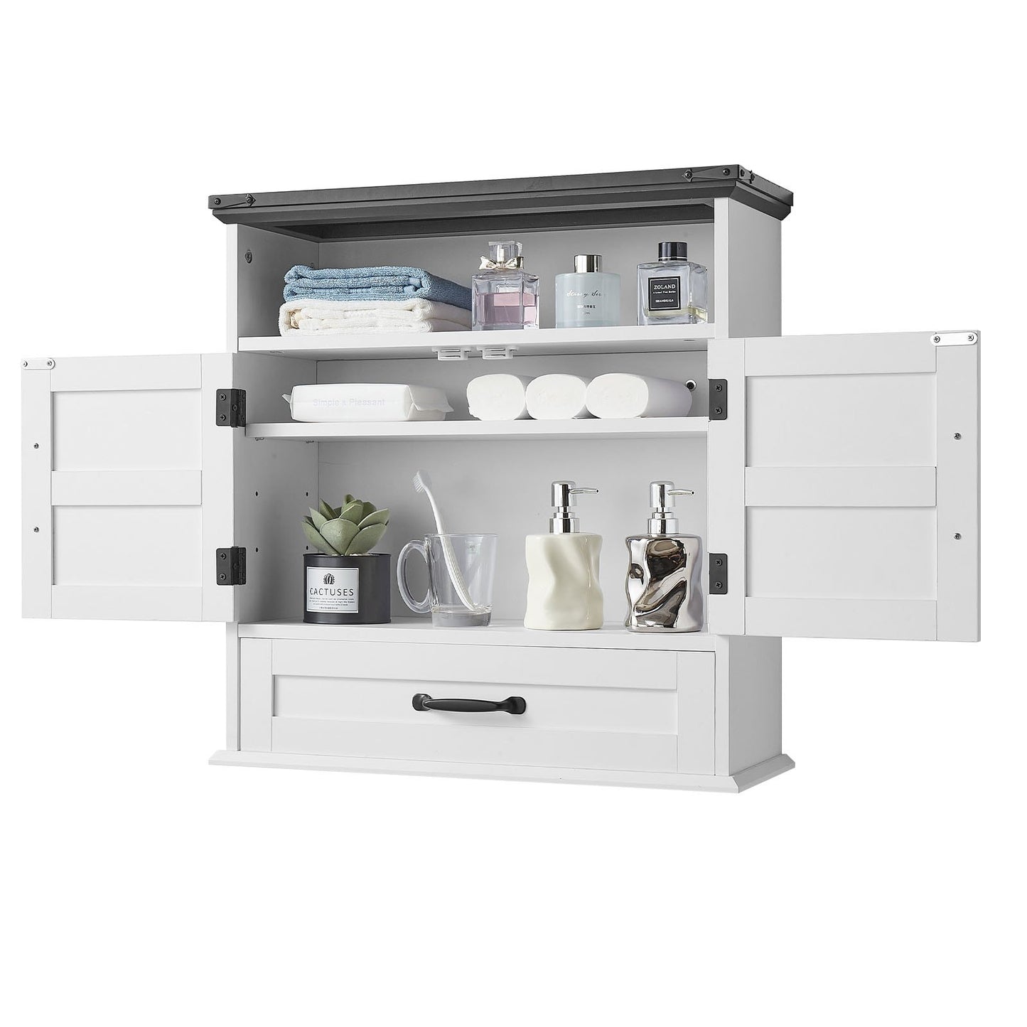 Bathroom Wall Cabinet, 2 Doors & Adjustable Shelf, Over the Toilet Storage Medicine Cabinet Wall Mounted, Hanging Organizer with Drawer & Open Partition for Laundry Room Kitchen Restroom, White