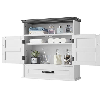 Bathroom Wall Cabinet, 2 Doors & Adjustable Shelf, Over the Toilet Storage Medicine Cabinet Wall Mounted, Hanging Organizer with Drawer & Open Partition for Laundry Room Kitchen Restroom, White