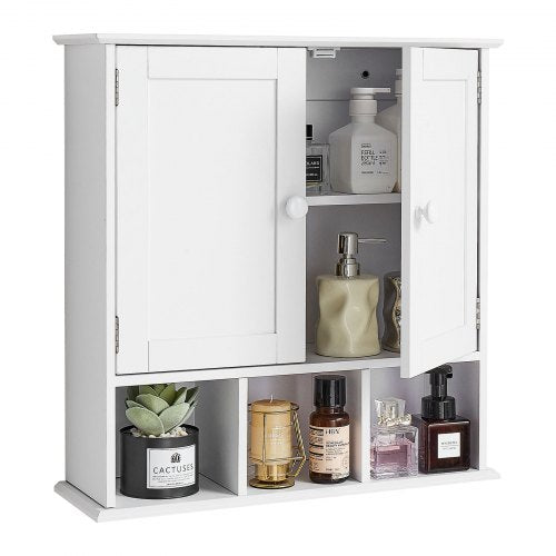 Bathroom Wall Cabinet, 2 Doors & Adjustable Shelf, Over the Toilet Storage Medicine Cabinet Wall Mounted, Hanging Organizer with Shelves & Open Partition for Laundry Room Kitchen Restroom, White