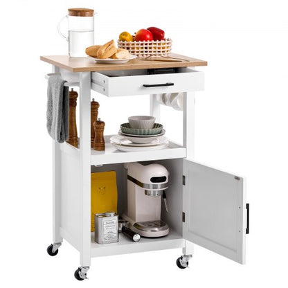 Kitchen Island Cart with Single Door Cabinet, Mobile Carts with Drawer, Towel Rack, Hooks, Portable Table on Swivel Wheels, Small Coffee Islands Microwave Stand for Dining Room, 45x59cm, White