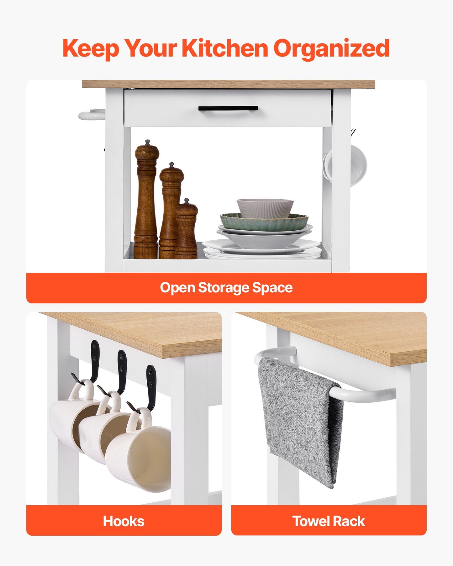 Kitchen Island Cart with Single Door Cabinet, Mobile Carts with Drawer, Towel Rack, Hooks, Portable Table on Swivel Wheels, Small Coffee Islands Microwave Stand for Dining Room, 45x59cm, White