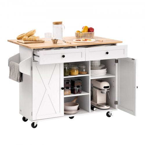 Kitchen Island Cart, with Solid Wood Top and Storage Cabinet, Mobile Rolling Table with Drop Leaf, Drawers, Spice Towel Rack, Portable Islands on Swivel Wheels for Dining Room, 132cm Width, White