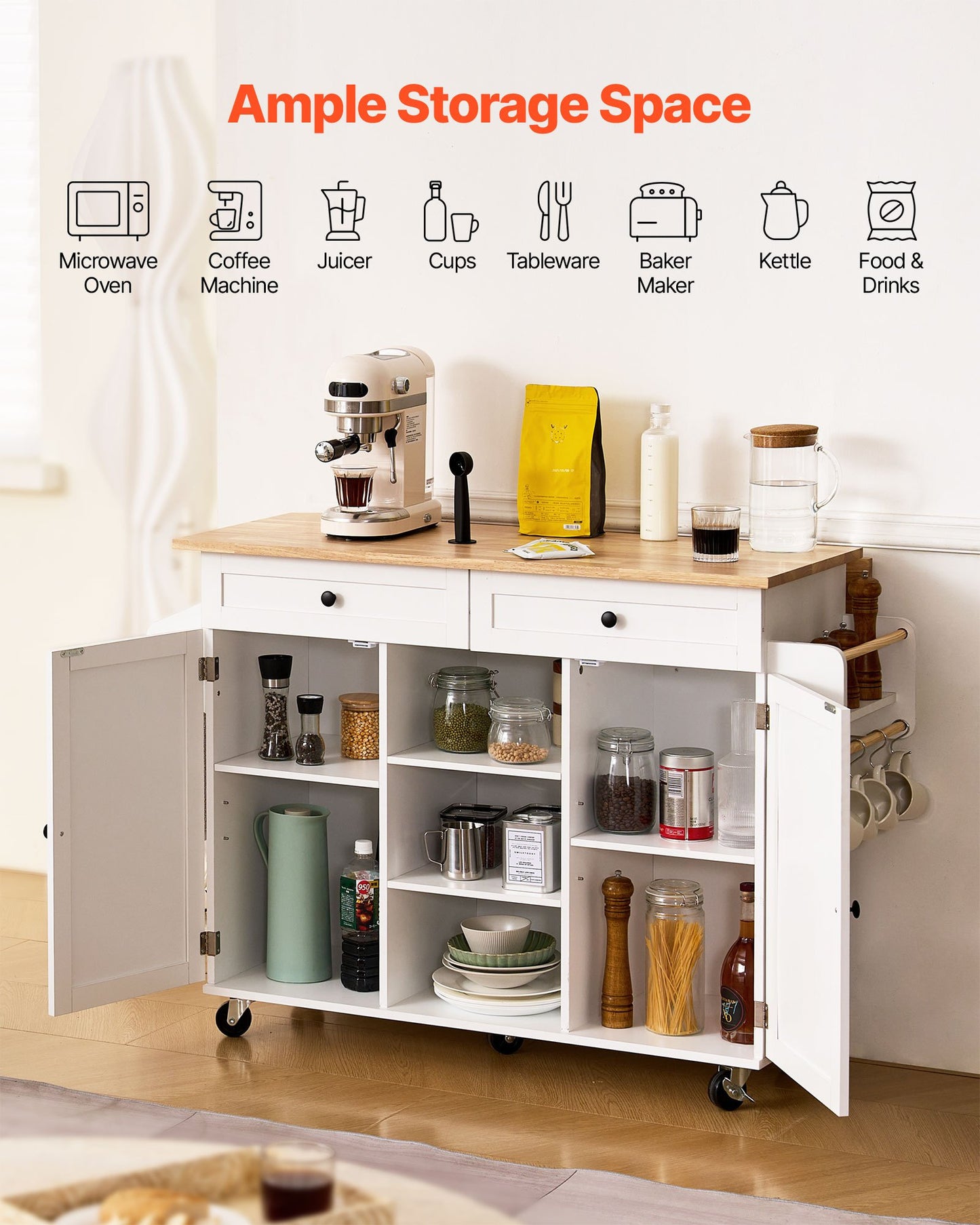 Kitchen Island Cart, with Solid Wood Top and Storage Cabinet, Mobile Rolling Table with Drop Leaf, Drawers, Spice Towel Rack, Portable Islands on Swivel Wheels for Dining Room, 132cm Width, White