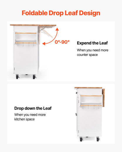 Kitchen Island Cart, with Solid Wood Top and Storage Cabinet, Mobile Rolling Table with Drop Leaf, Drawers, Spice Towel Rack, Portable Islands on Swivel Wheels for Dining Room, 132cm Width, White